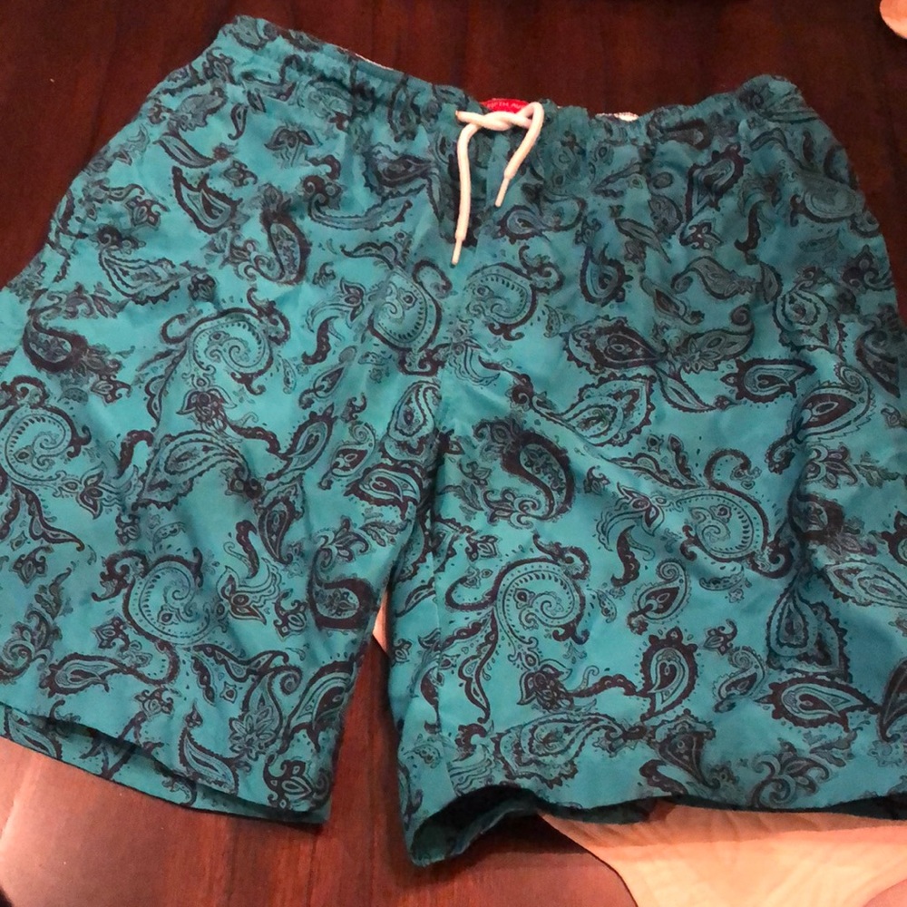 Saks Fifth Avenue Mens Turquoise Black Paisley Classic Front pockets Swim Trunks